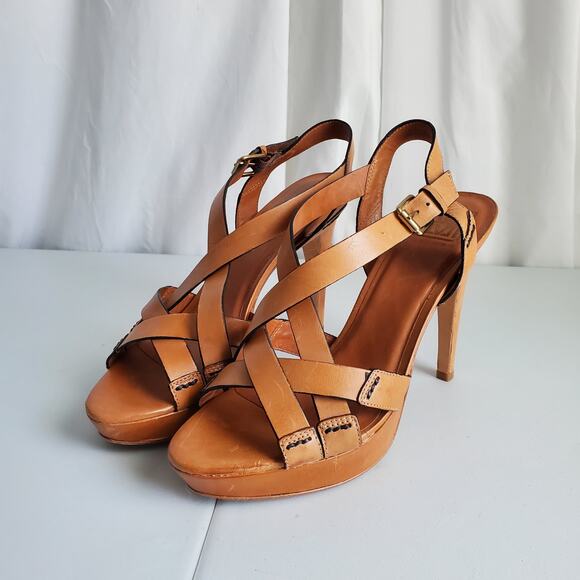 Pour La Victoire Brown Strappy Platform Sandal Shoe 10 Vamp Sexy Neutral Summer - Picture 3 of 9